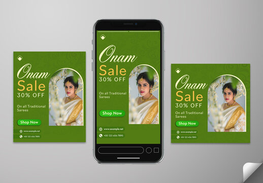 Onam Sale Banner Template &ndash; Traditional Saree Discount Social Media Post and Story