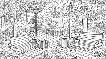 Obraz premium A detailed black and white illustration of a park scene with benches and lampposts