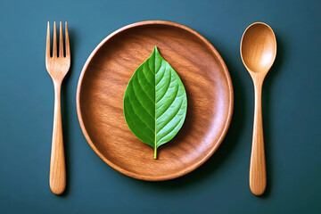 Minimalist Organic Flat Lay with Sustainable Tableware Wooden Utensils and Leaf on Plate  Green Lifestyle and Vegan Aesthetic, Zero Waste and Eco Conscious Food Theme
