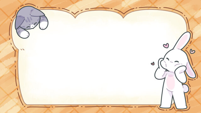 Cute background frame with a picture of bread decorated with a cat and a rabbit.