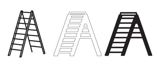 Ladder Icon Trio. Black Outline, Minimal White, and Bold Solid Styles for Tool, Utility, and Safety Design Themes.
