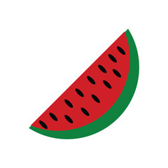A clean and flat illustration of a triangular watermelon slice with black seeds on a white background, perfect for summer-themed or food illustrations