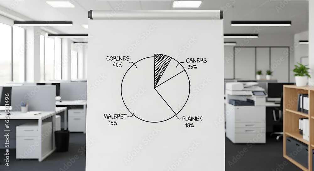 Poster business strategy concept with a hand-drawn pie chart on a flip chart in an empty modern office