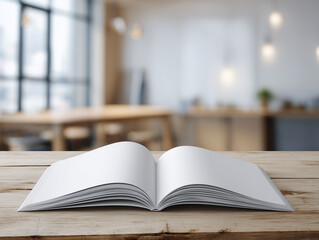 Softcover book mockup: A realistic softcover book lying open on a light wooden table, with blank pages ready for content