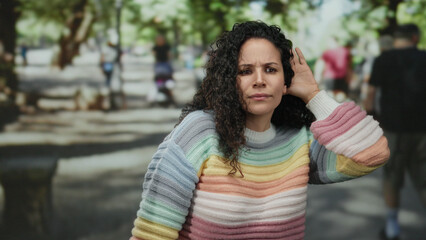 Naklejka premium Woman with curly hair in colorful sweater makes listening gesture in sunny park with blurred background of trees and people walking.