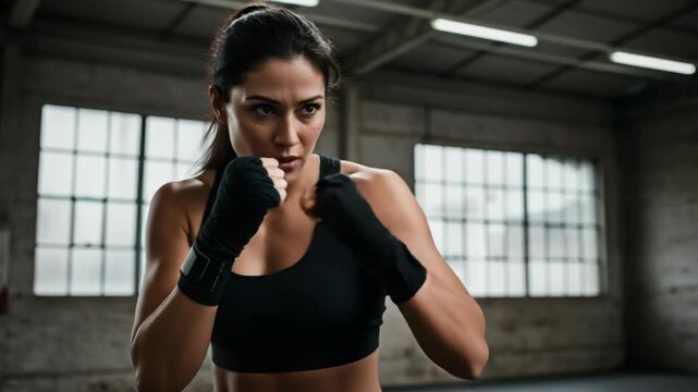 A determined woman in boxing gloves throws a punch during a rigorous training session in a gym