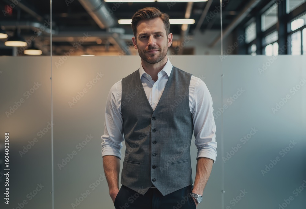 Poster confident data scientist in a modern industrial analytics processing center