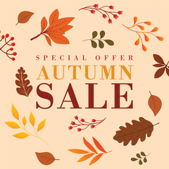 Autumn sale banner design. Fall background with leaf elements for seasonal discount promotion. Vector illustration