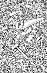 Detailed doodle art showcasing a collection of essential construction and diy tools in a dense pattern