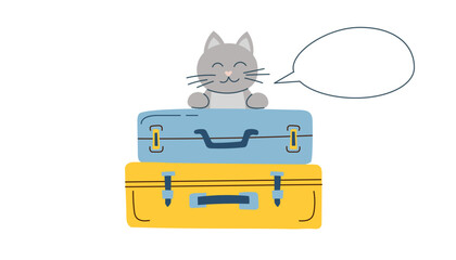 Cat with luggage. Concept of travel with pet. Illustration of cat put its paws on the suitcase and speechbubble. Vector flat clipart.