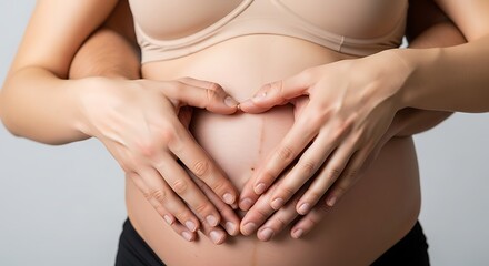 A tender moment of an expectant couple. The woman's hands create a heart shape on her pregnant abdomen, with her partner's arms around her.