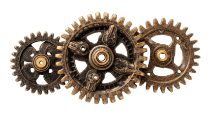 Close-up of three intricately designed gears, showcasing interlocking teeth and ornate details.  The gears are a muted bronze, with hints of aged patina.  They form a mechanical sequence