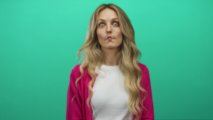 Woman making funny face with puckered lips stands against bright green background wearing pink sweater and white shirt blonde hair adding playful charm to scene