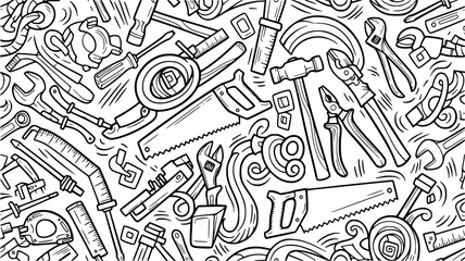 A chaotic pattern of various hand tools, including hammers, saws, wrenches, and pliers, isolated on white background