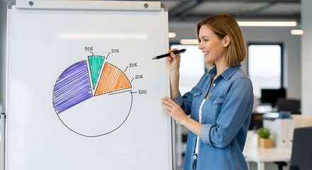 Professional businesswoman explaining a business strategy by drawing a colorful pie chart on a whiteboard during a presentation.