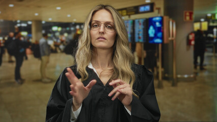 Woman hand gesturing airport young blonde judge uniform delivers a briefing in a crowded terminal indoors.