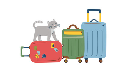 Cat with luggage. Concept of travel with pet. Illustration of cat standing on the suitcase. Vector flat clipart.