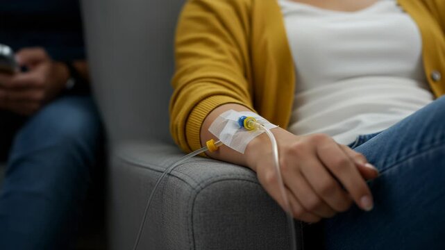 Closeup of a patient receiving an iv infusion treatment while sitting in a comfortable chair