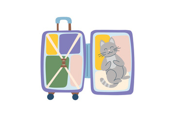 A cat lying in the suitcase. Concept of travel with pet. Illustration of cat and luggage. Vector flat clipart.