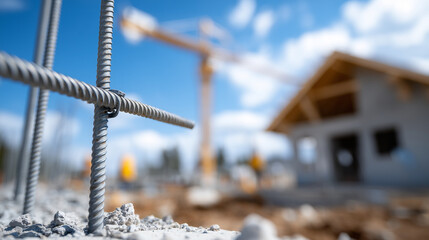 Industrial construction site showing skeletal steel reinforcement grid rising from foundation, with visible cranes, raw concrete slabs, and scaffolding under natural daylight and clean urban backdrop.
