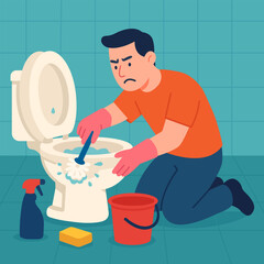 Flat vector illustration of a man cleaning a toilet with a brush while wearing gloves.