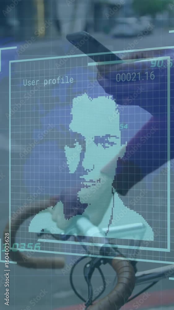 Poster animation of digital profile picture, numbers and map over caucasian man on bicycle using cellphone