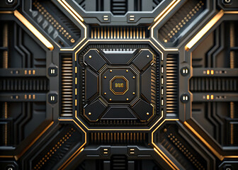 Fototapeta premium Industrial tech panel with embedded core processor and futuristic golden vent patterns