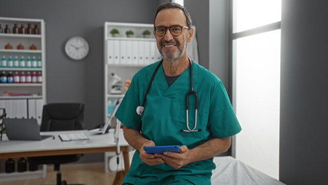 Man in clinic wearing scrubs holding tablet in hospital room smiling with mature appearance showing hispanic ethnicity in professional medical indoor setting