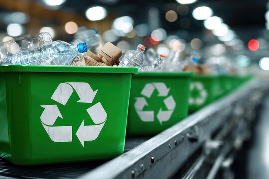 Recycling process in action waste management facility recyclables industrial environment close-up view of sorting bins