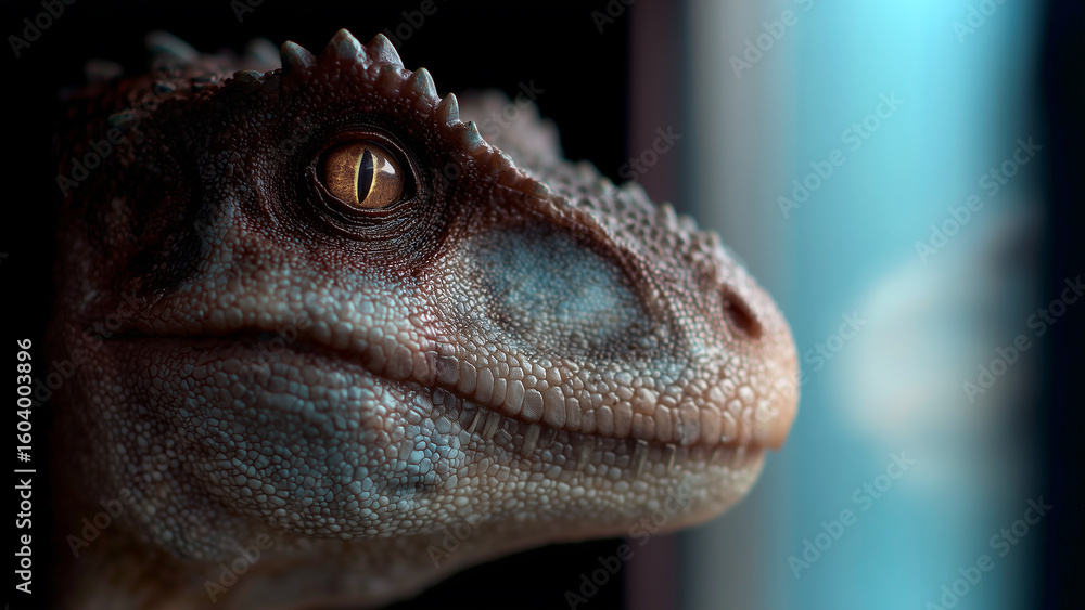 Poster this close-up of a robot dinosaur designed with intricate mechanical elements and realistic features