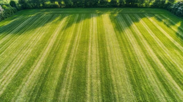 Green grass lawn with striped mowing pattern in outdoor field under sunlight surrounded by trees creating vibrant natural shadows and peaceful green scenery