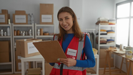 Young caucasian woman volunteer in charity room with donations boxes indoors, writing on clipboard...