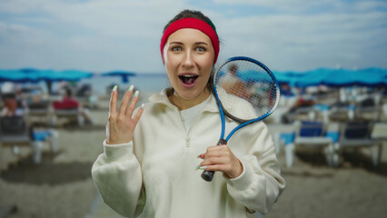 Woman excited holding tennis racket on beach with vibrant seaside background expresses joy and...