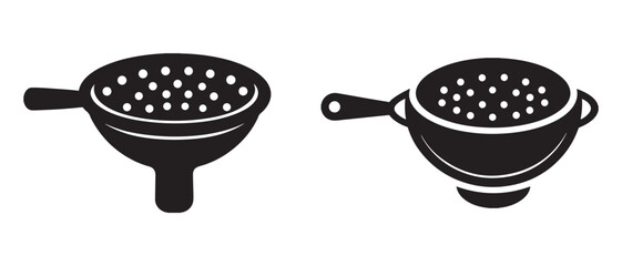Black and White Kitchen Strainer Icons. Minimalist Vector Set for Cooking, Drainage, and Culinary Design Projects.