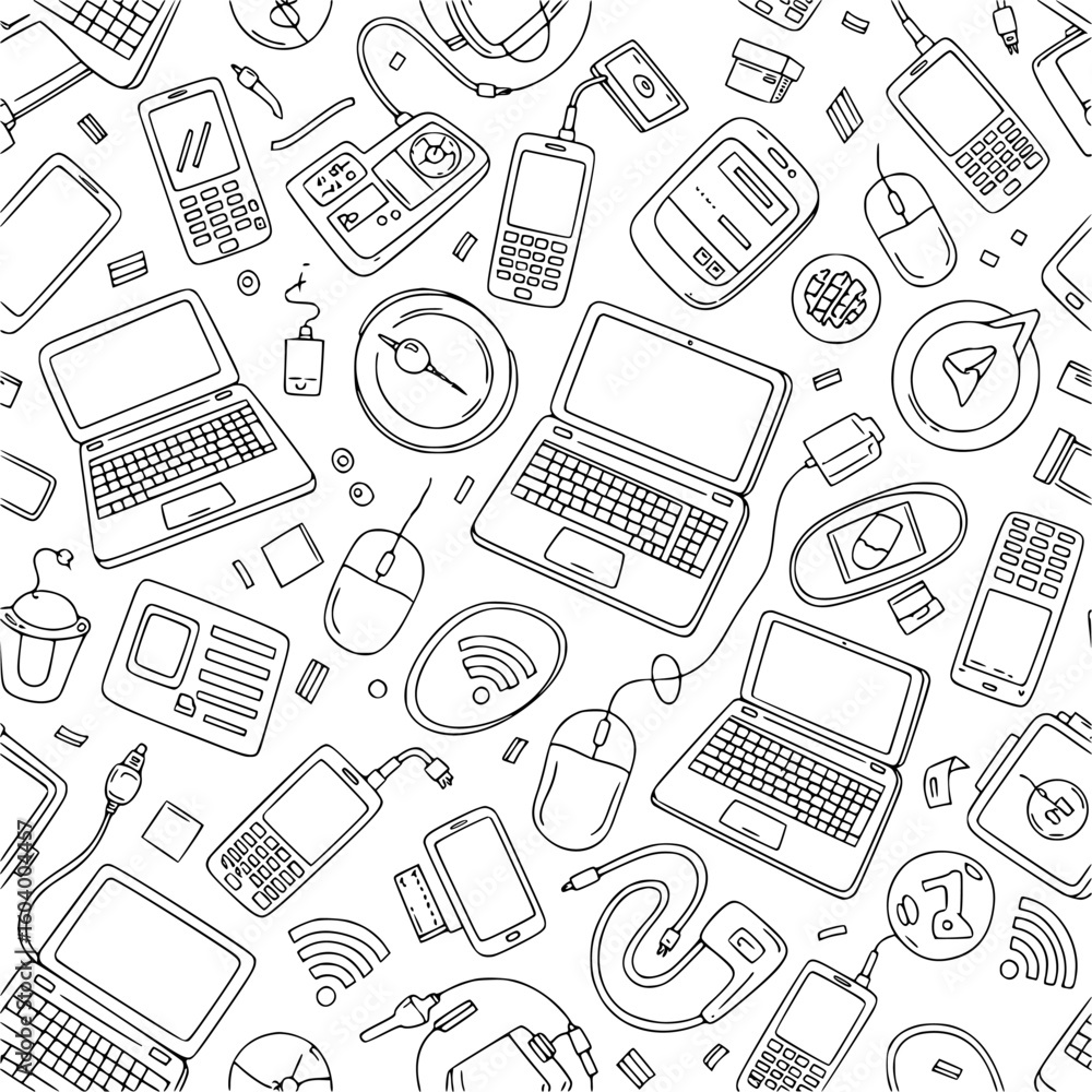 Poster a seamless pattern of various electronic devices and technology icons, perfect for digital or print 