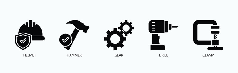 Essential Tools And Gear For Construction And Engineering Icon Set Vector Illustration Concept With Icon Of Helmet, Hammer, Gear, Drill, Clamp In Glyph Style