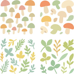 Fototapeta premium Cute Mushroom and Leaf Illustration.