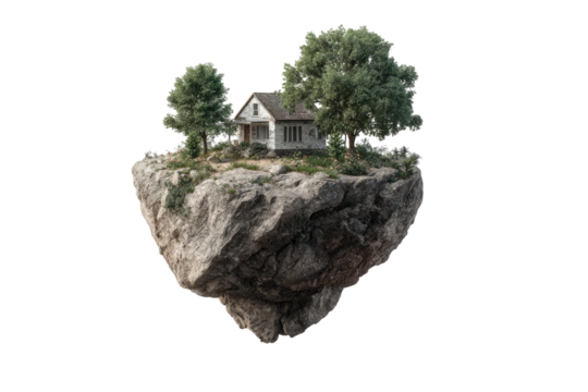 A small, white house sits atop a large, heart-shaped, floating rock island, surrounded by two trees