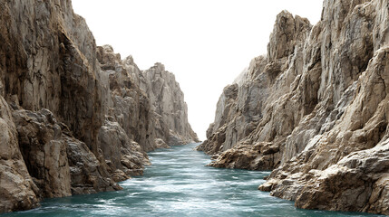 Majestic river carves through a deep canyon with towering weathered rock isolated on transparent background