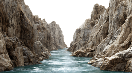 Majestic river carves through a deep canyon with towering weathered rock isolated on transparent background