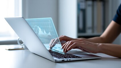 Analyzing financial data on laptop screen with futuristic interface for business intelligence and investment strategy planning in modern workplace environment