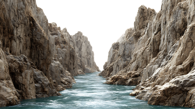 Majestic river carves through a deep canyon with towering weathered rock isolated on transparent background