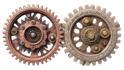 Two intricately detailed gears, copper and light beige, with ornate hubs and various metallic accents,  interlocking