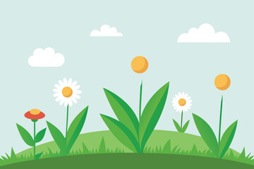 Fototapeta premium Green grass field with daisies and clouds flowers