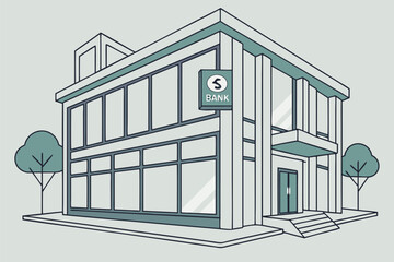 Illustration of a two story bank building with large windows and trees on either side of the entrance