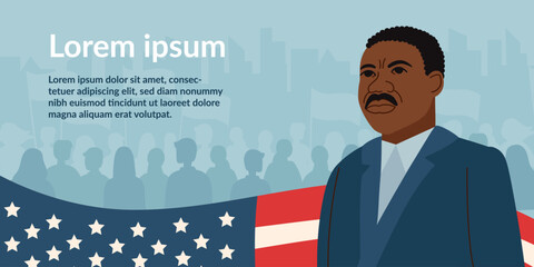 Memorial day, Independence day, vote, election concepts. An American flag and the figure of a black skin man. Vector flat banner.