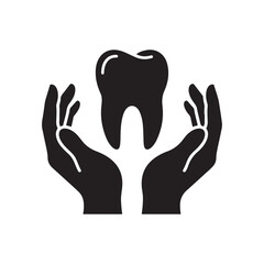 Obraz premium Dental Health Concept with Hands Protecting a Tooth Black Silhouette Illustration for Healthcare Industry