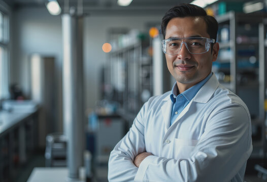 Scientist in a lab coat smiling confidently in a biomanufacturing facility