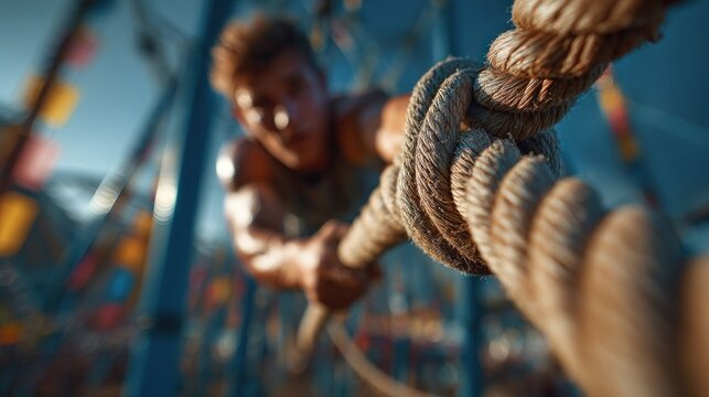 Muscular man climbs rope obstacle course, strength and endurance challenge