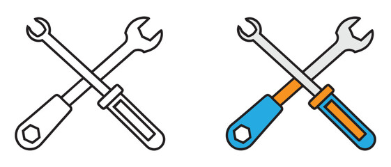 Wrench and Screwdriver Icon Comparison. Monochrome vs. Colorful Tool Graphics for UI Design and Branding.